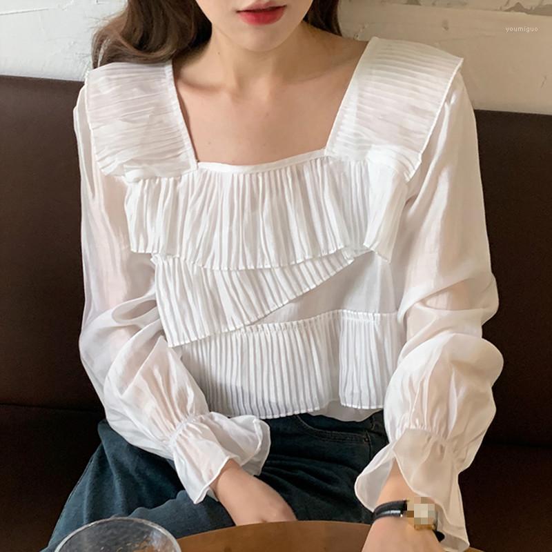 

Women Blouses Sexy Square Collar Chic Loose Flare Sleeve Pleated Patchwork Casual Shirt Korean Fashion Clothing Blusas Women's & Shirts, Black