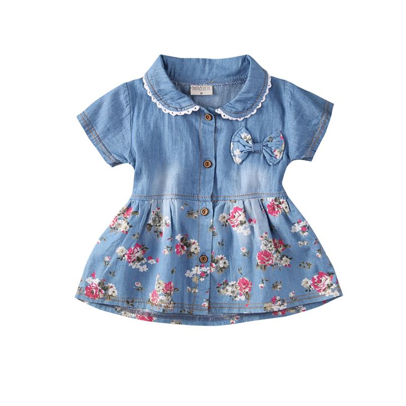 

Girl's Dresses 0-4Y Cute Lovely Summer Dress Toddler Baby Girls Pan Petal Sleeve Single Breasted Denim Blue Bow Floral Print DressGirl's, As pic
