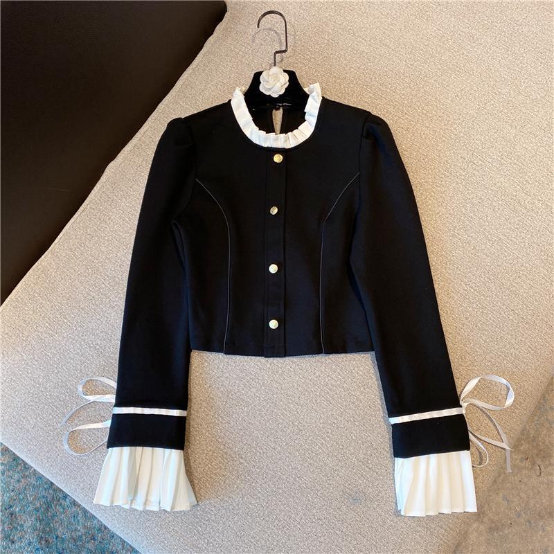 

Spring Retro Temperament Lace Collar Pleated Cuffs Solid Color Thin Coat Jacket Women 0128 Women' Jackets, Black