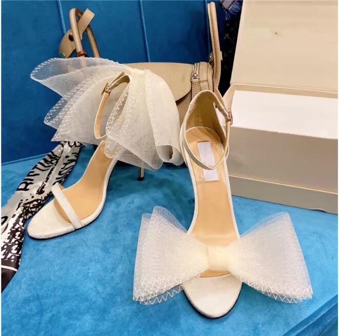Designer été sandale robe chaussures femmes arc garni talons aiguilles fête mariage mariée marque de mode dame pompes avec boîte