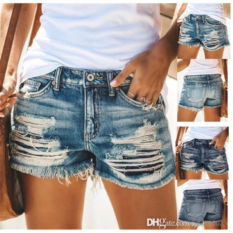 

High Waist Hole Women Jeans Summer Elastic Denim Shorts Tassel Pierced Female Casual Short Pants, Deep blue