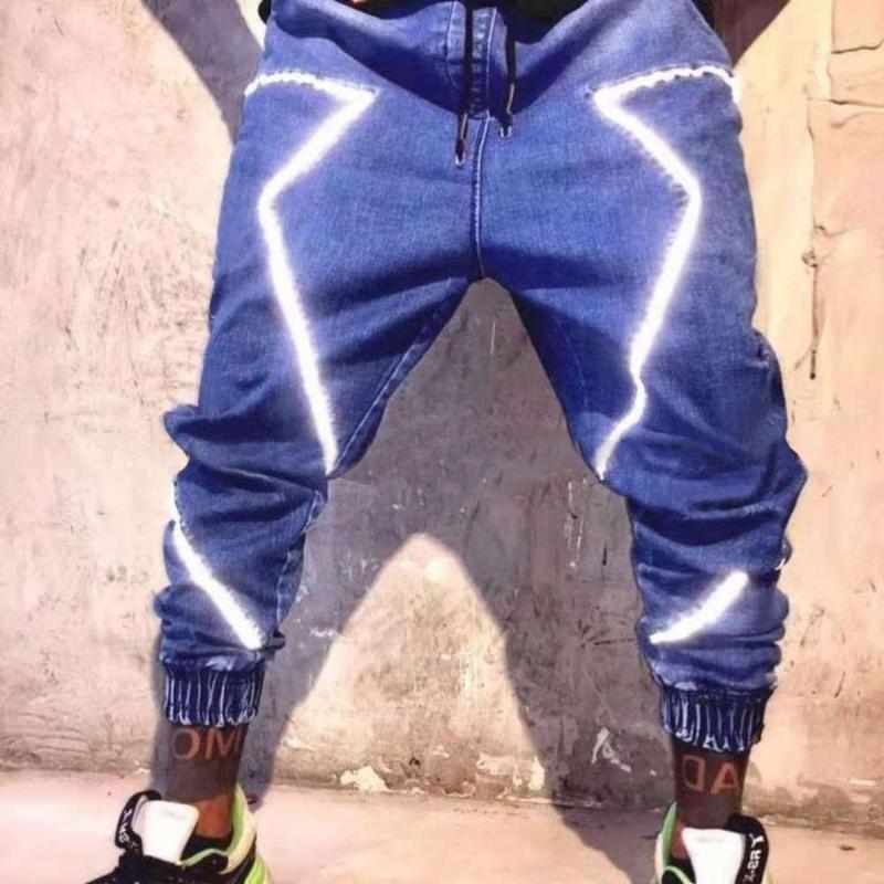 

Men's Plus Size Pants Spring And Summer Jeans Personalized Reflective Hip Hop High Street Large LooseMen's SizeMen's, Black