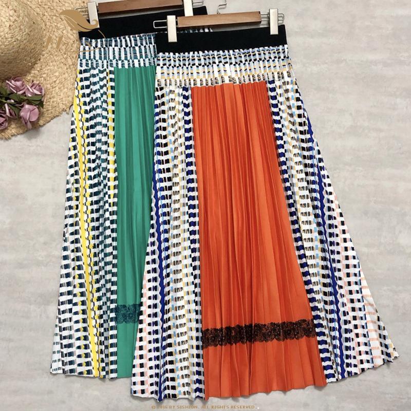 

Skirts SISHION Women Pleated Plaids Patchwork Bohemia Printing Long Plus Size Elastic Waist Midi VD2467, Black
