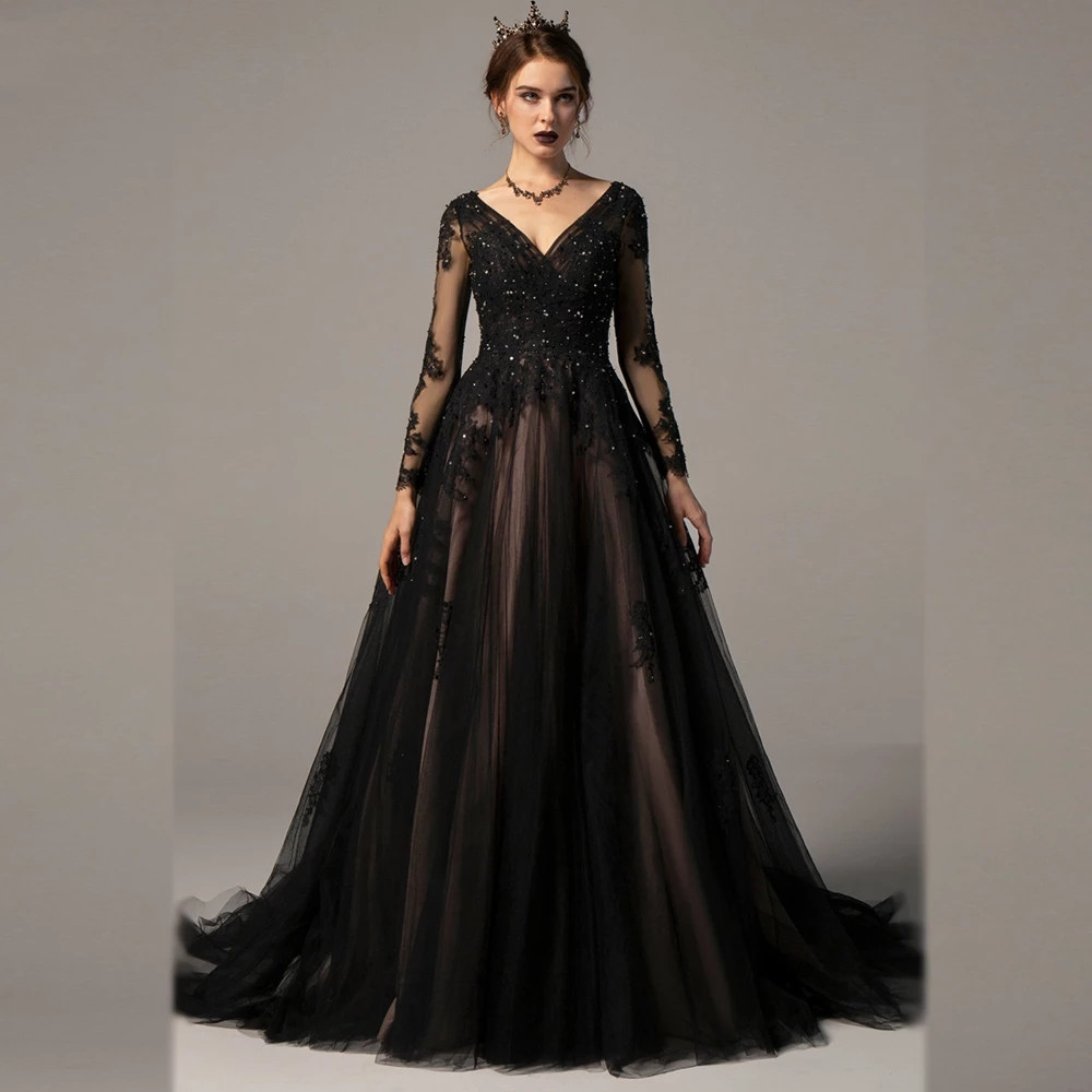 Robes de mariée à manches longues à manches longues noires gothiques florales 2022 Sexy en V-colmes en dentelle en dentelle de lacets de lacets