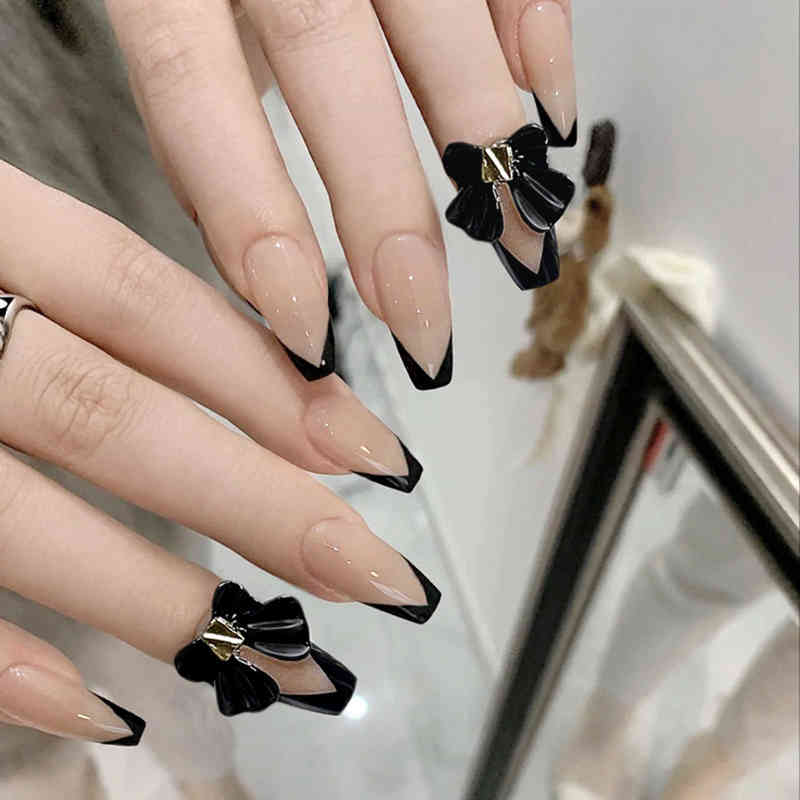 

False Nails 24pcs Black French Detachable Wearable Fake Press on Full Cover Artificial Nail Tips Manicure Tool 0616