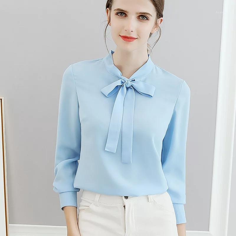 

Women Autumn Long Sleeve Solid Chiffon Blouse Sky Blue/Pink/White Elegant Bow Collar Office Lady Clothing -XXL Women' Blouses & Shirts