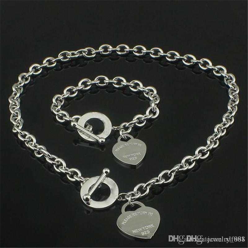 

Hot sell Birthday Christmas Gift 925 Silver Love Necklace Bracelet Set Wedding Statement Jewelry Heart Pendant Necklaces Bangle Sets