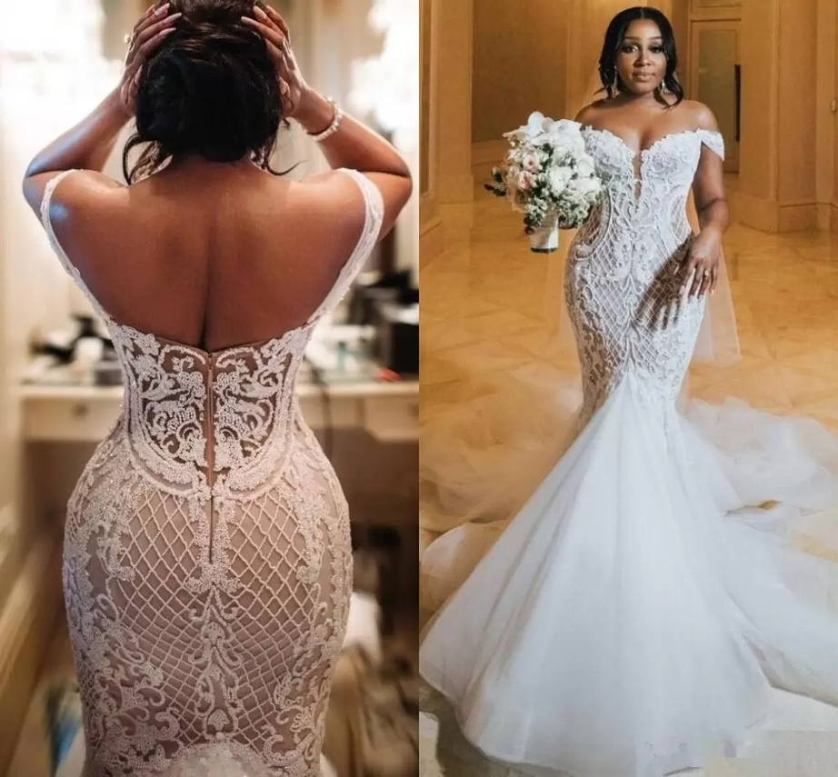 Sexy hors l'épaule Robes de mariée sirène 2022 Arabe Aso Ebi Lace Backless Vestidos de Novia Court Train Plus taille Bridal Berks B0609X02