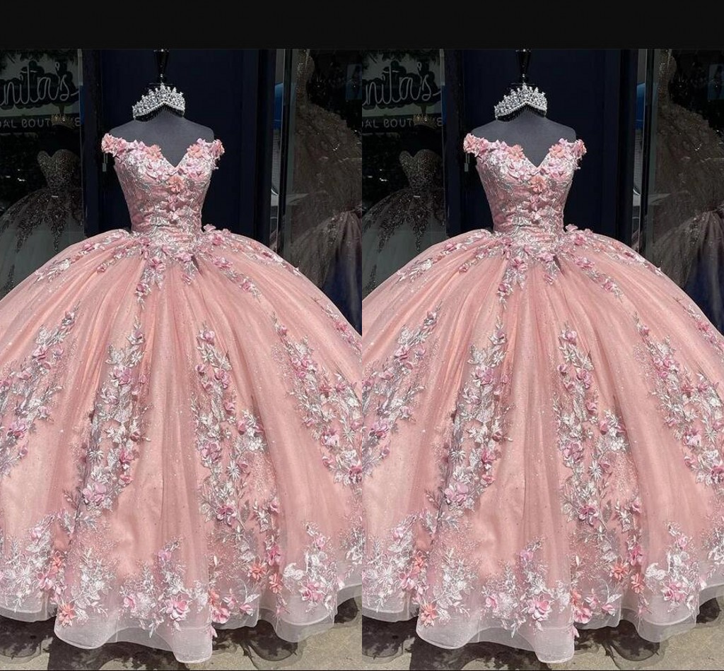 

Blush Pink 2023 Prom Sweet 16 Dresses Hand Made Flowers Floral Applique Off Shoulder Sweet 16 Dress Corset Back Evening Gowns Quinceanera Dress, Chocolate