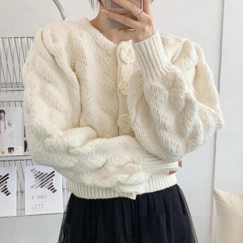 

Women's Knits & Tees Petal Button Puff Sleeve Algyle Knitted Sweaters Korean Fashion Solid Autumn Casual Retro Elegant Women Cardigans Perf2, Blue