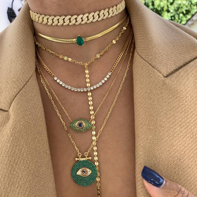 

Chains Luxury Green Tear Drop Cz Paved Flat Snake Chain Choker Necklaces With Gold Plated Fashion Women Lady Party Wedding JewelryChains