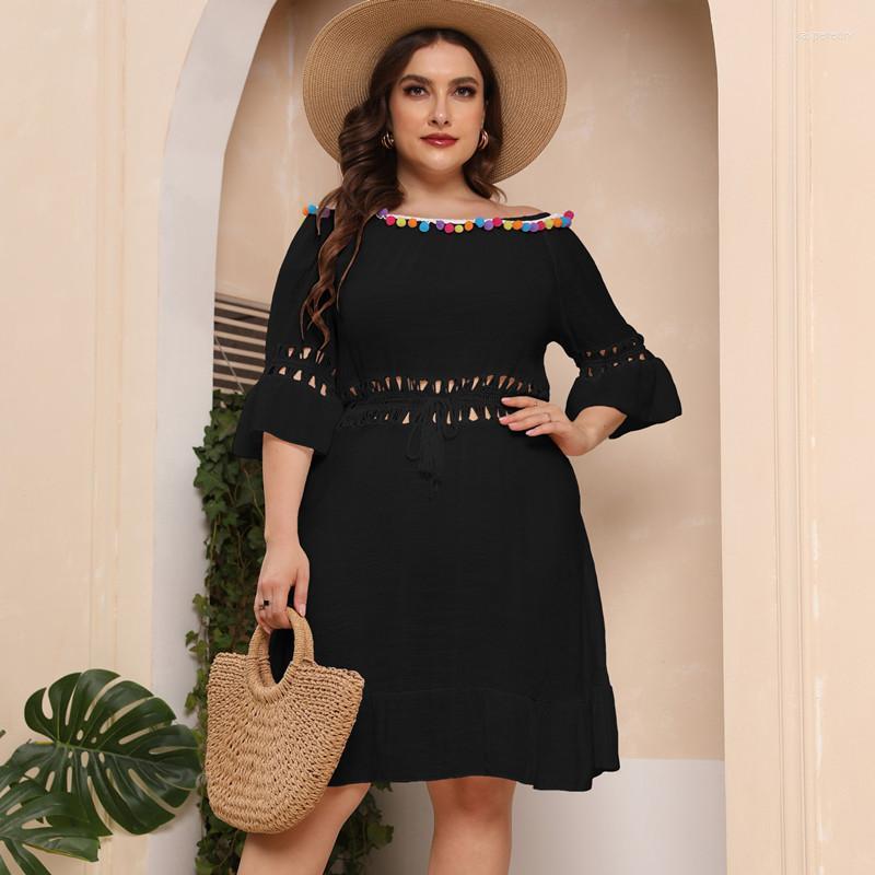 

Plus Size Dresses Women Summer Beach Casual Dress Sexy Slash Neck Hollow Out Color Tassel Midi 3XL Lady Black White Smock Jasp22, Oym f201132white