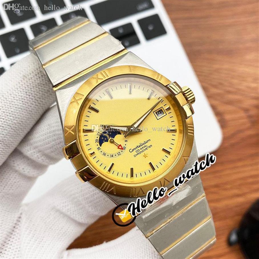 

40mm Constellation Automatic Mens Watch Gold Dial Stick Marker Moon Phase Display Gents Watches Two Tone Steel Bracelet HWOM Hello309S, Waterproof service