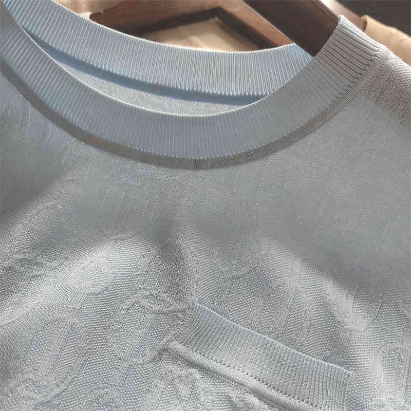Women's Knits Tees French elegant cool Tencel sesame jacquard fashion temperament pocket round neck short sleeve sweater women's top su