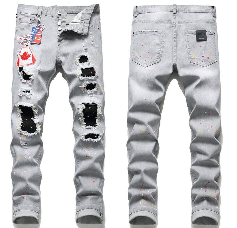 Tops Badge Rips Stretch Black Jeans Men Jean Mens Fashion Hip HOP Trousers 10200 Slim Fit Washed Motocycle Denim Pants Panelled