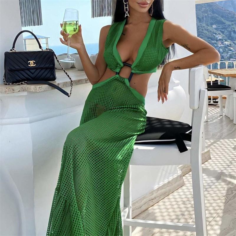 

Women Grid Swing Dresses Sexy Fishnet Low Neck Metal Twist Bandage Waist Back Zip Long Dress Clubwear Plus Size, As pic