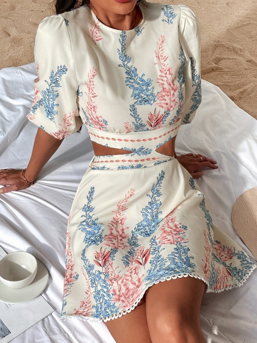 

plant Print Cut Out Tie Back Lantern Sleeve Dress V2MV#, Beige