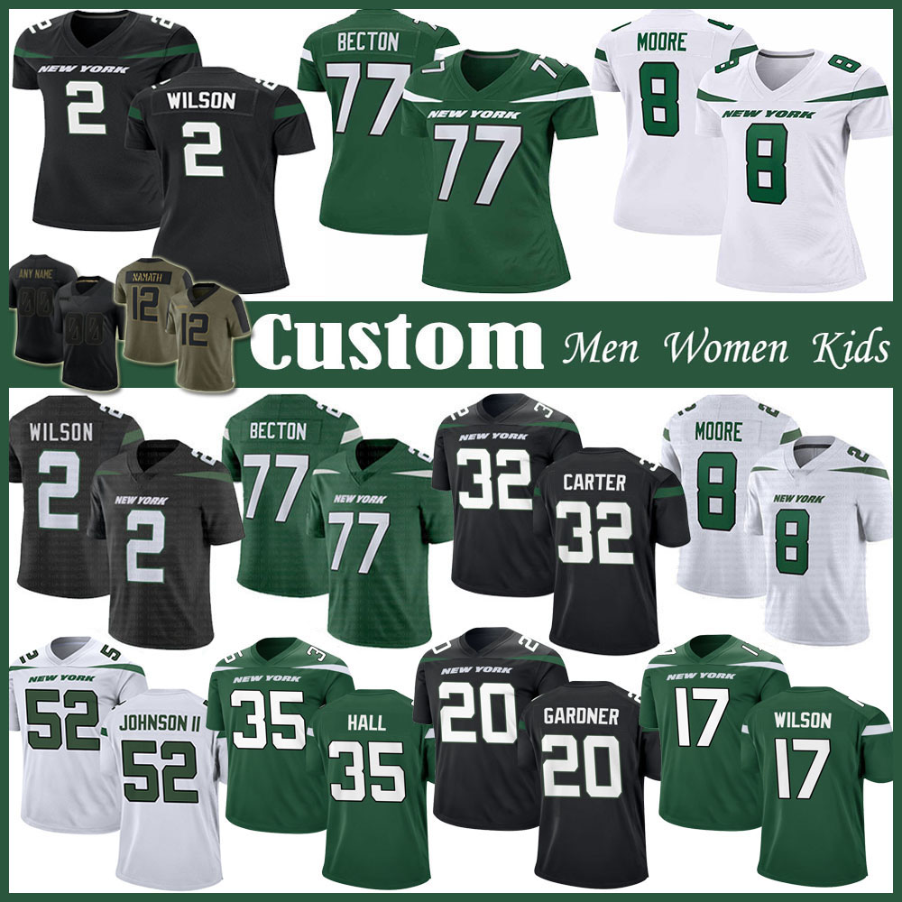 

Ahmad Sauce Gardner Garrett Zach Wilson Football Jersey Custom Men Women Kids Elijah Moore Jermaine Johnson Breece Hall Braxton Berrios Michael Carter Mekhi Becton, Shown