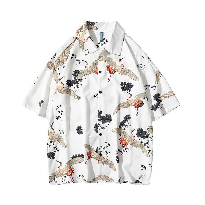 

Men's Casual Shirts Japanese Streetwear Harajuku Men HipHop Oversized Grus Japonensis Printed Short Sleeve TopsMen's, Black