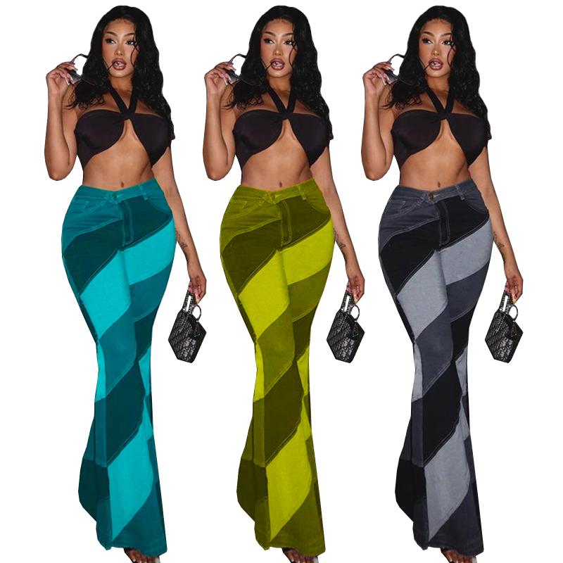 

Women' Pants & Capris Contrast Colors Women Flare Fashion Stripes Printing High Waist Stretchy Casual Trousers Spring Autumn Lady Wear 2022, Black