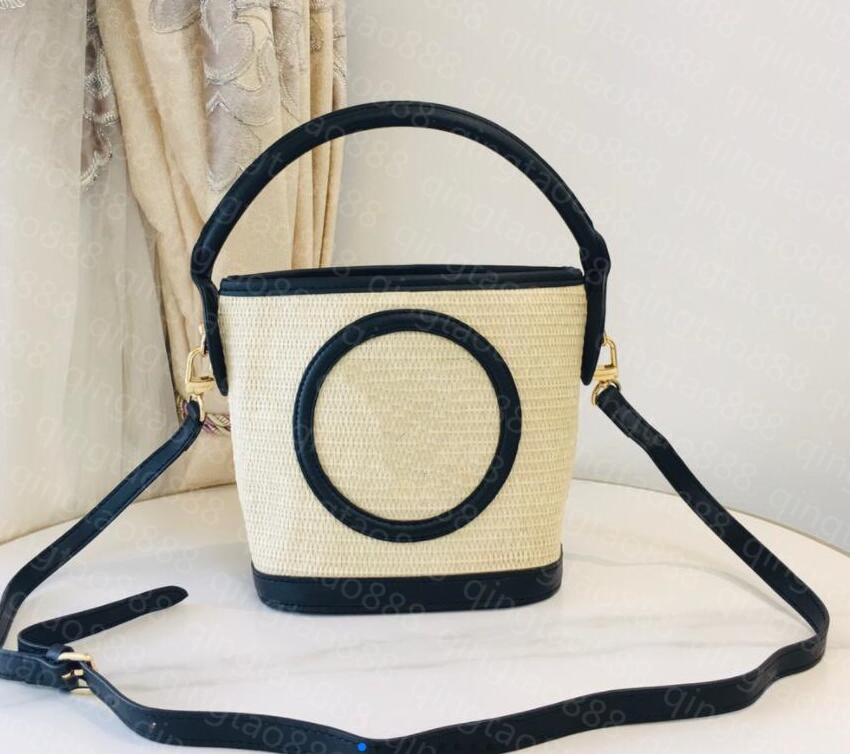 

Summer Beach Straw Bags Casual Rattan PETIT BUCKET Women Handbags Wicker Woven Female Totes Lady Buckets Messenger shoulder shopping Bag Travel Purse, Black