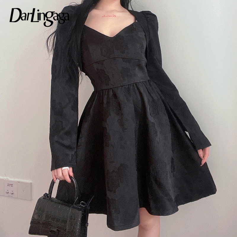 

Darlingaga Vintage Fashion Black Jacquard Strap Party Dress Sleeveless V Neck Ball Gown Summer Dress Set 2 Pieces Sexy Elegant, Black- 2 pieces