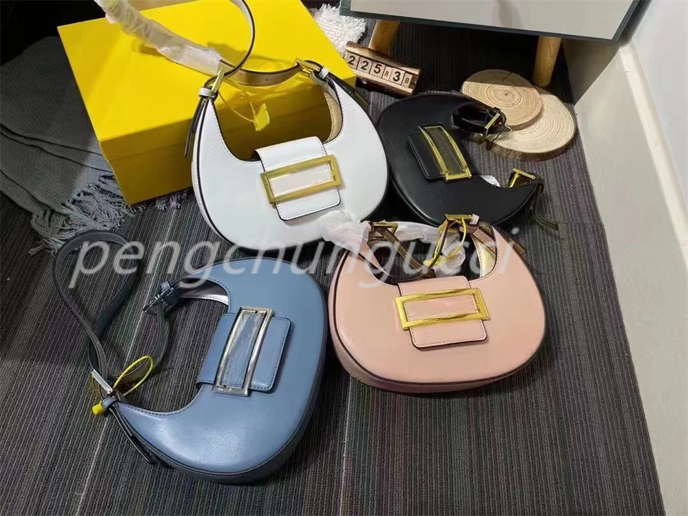 

2022 fashion cookie women's Tramp bag leather croissant women's decorative buckle French bread Designer Shoulder Bag adjustable strap handbag, White