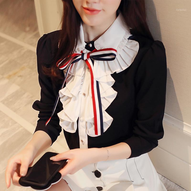 

Autumn Women Preppy College Style Turn Down Collar Bow Ruffles Patched Long Sleeve Color Block Blouse Shirt Tops Women' Blouses & Shirts, Black