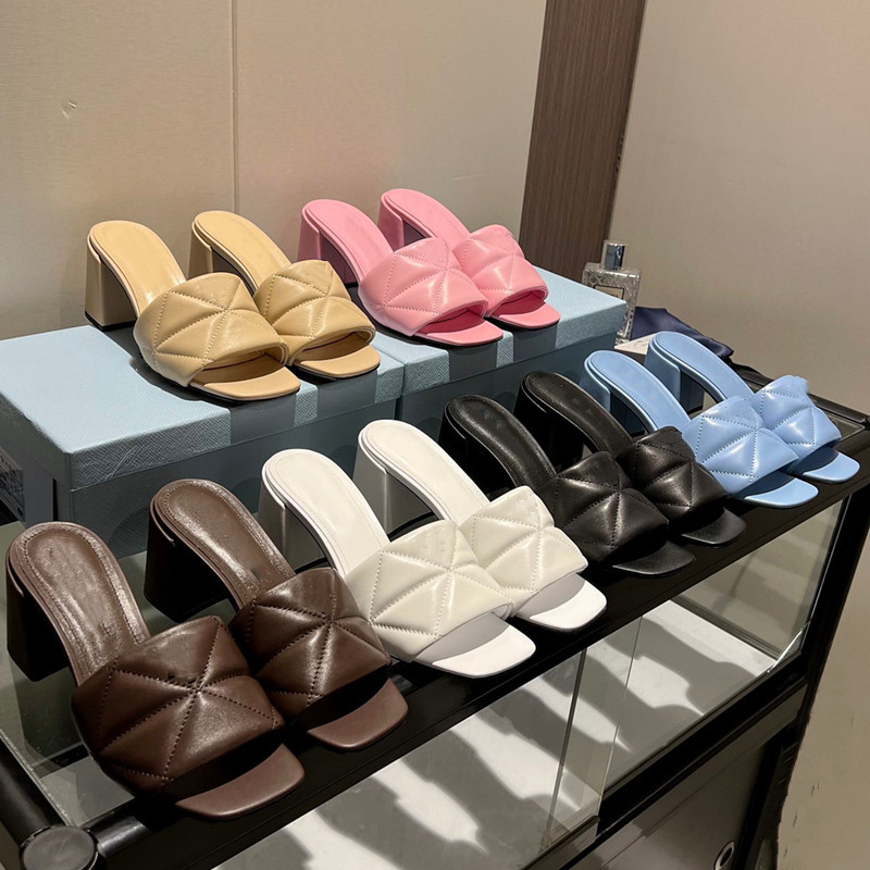 

Womens 2022 P New Summer Fashion Slipper Mid Block Heel Sandal Luxury Designer Ladies Kitten Heel Open Toe Leather Flat Mule Slide, 10