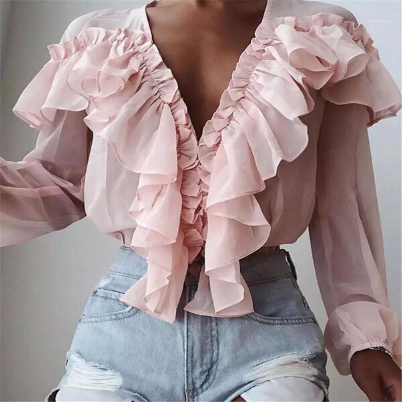 

Fashion Women Chiffon Solid Color Deep V-Neck Ruffle Trim Casual Long Sleeve Loose Blouse Autumn Tops Women' Blouses & Shirts, Pink