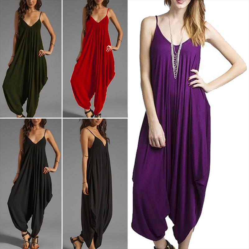 

Fashion Women Jumpsuit Summer Beach Casual Sleeveless V Neck Solid Spaghetti Strap Rompers, Purple