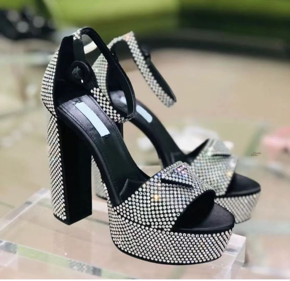 

Women's designer shoes high quality sandals fashion shiny Rhinestone leather highs heels luxury performance party dress shoe large 35-42, (box;dust bag;card)