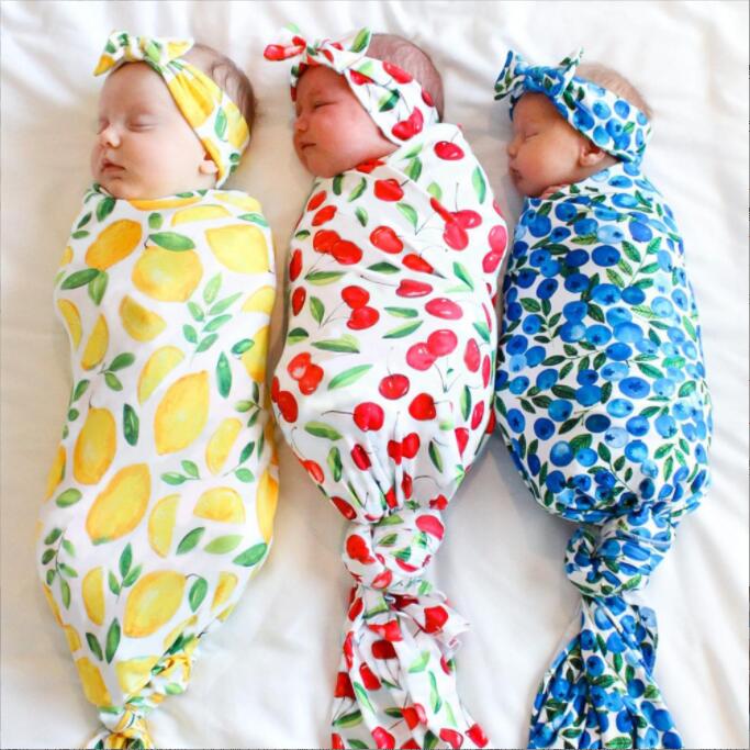 Baby Fruit Print Swaddle Headband Set Newborn Tie-dye Wraps Blankets Hairband Suit Toddler Swaddling Bath Towels Infant Robes Bedding Quilt Stroller Cover B8029