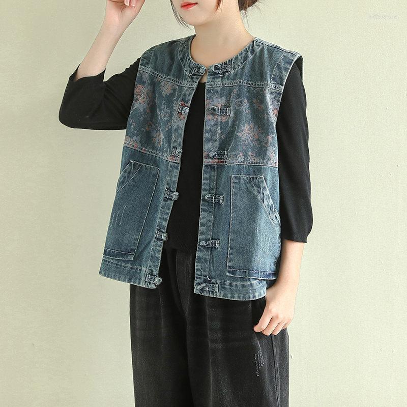 

Women's Vests 2022 Retro Ethnic Style Buckle Denim Vest Female Autumn Cardigan Patchwork Print Top Jeans Wasitcoat Sleeveless Coat K943 Luci, Denim blue