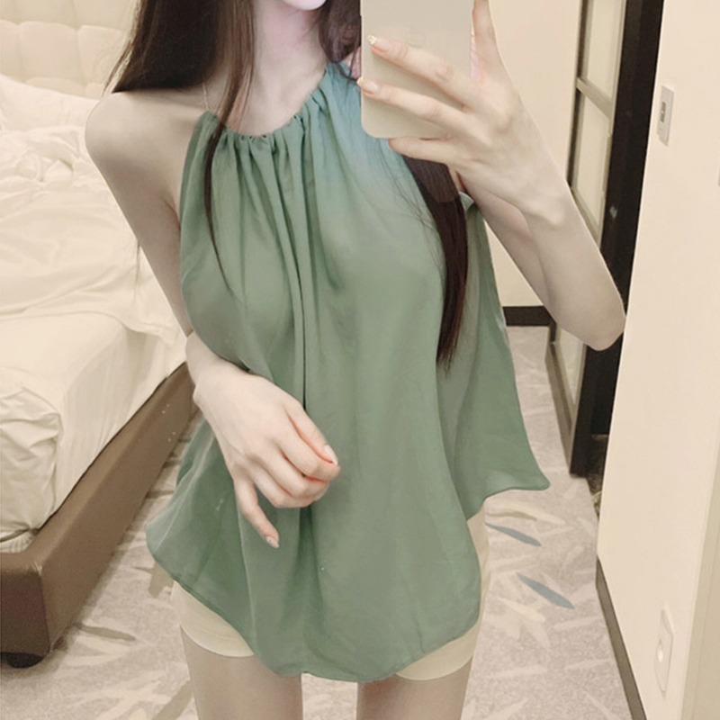 

Women's Blouses & Shirts Fashion Women Shirt Solid Chiffon Office Lady Sleeveless Halter Female Clothing  TopWomen's, White