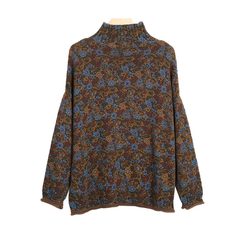 

Johnature Women Vintage Turtleneck Sweaters Print Floral Autumn Long Sleeve Knitted Cotton Loose Women Korean Sweater 201203, Multi