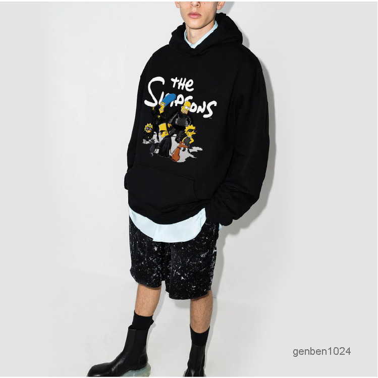 

European and American Simpson character letter loose cotton autumn Hooded Sweater men's and women's same collarless hat Pullover W107 OTWR, Black