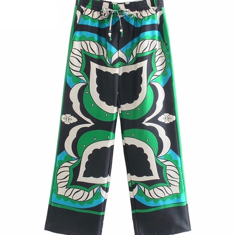 

TRAF Women Fashion Side Pockets Printed Wide Leg Pants Vintage High Elastic Waist Drawstring Female Ankle Trousers Mujer a220813, As picture