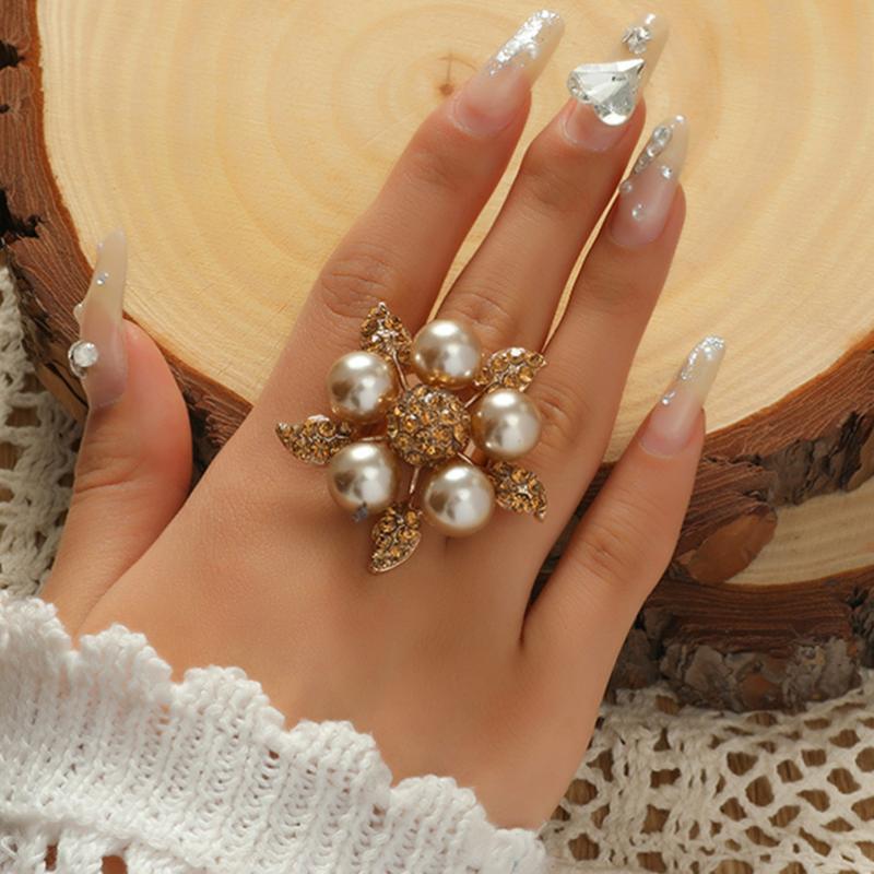 

Wedding Rings Korean Pearl Flower Band For Women Bridal Champagne Color Crystal Big Adjustable Anillos Birthday GiftWedding