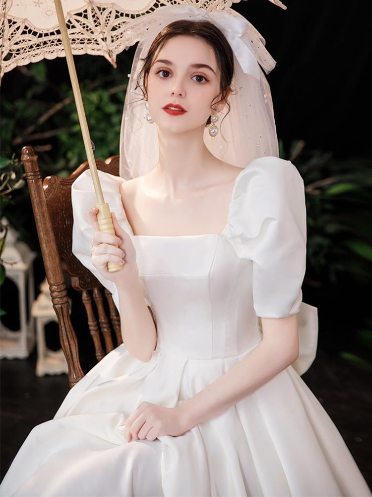 

Other Wedding Dresses 2022 Tea-Length Half Sleeves Classic Bridal Dress Satin Vestido De Noiva, White