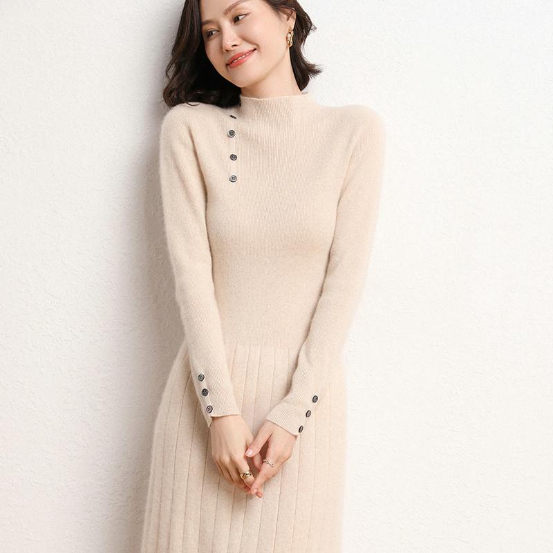 

Women's Sweaters 100% Pure Cashmere High-end Women Casual Long Sweater Dress Female Autumn Sleeve Soft Knitted Girl Clothes, White;black