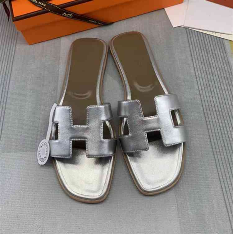 

Paris h Slipper Herme Oran Sandals Slippers Hig End Fasion Brand Flip Flops Leater Summer Women's Flat Heels 2022 New Vacation Correct Logo, Gold