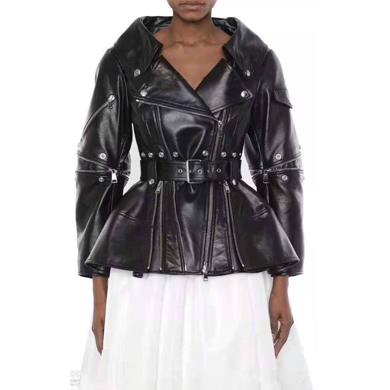

Women' Leather & Faux Fashion Zipper Beading Real Sheep Jackets Female Locomotive Soft With Belt WY145 Dropship, Black
