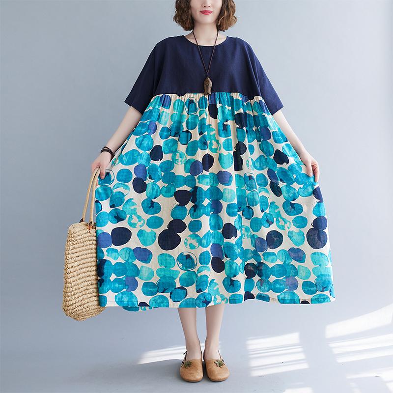 

Plus Size Dresses BIG Summer Women Fashion Elegant Dots Spliced Tops Ladies Female Large Long Swing Casual Ruffles Drapped Cotton Dress, Blue