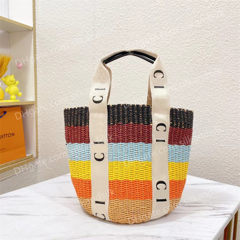 

Designer Woody Tote Bag Beach Bag Luxury Handbag Womens Summer Knitting Purse Colorful Striped Woven Basket Large Capacity Travel Bags, Extra shipping