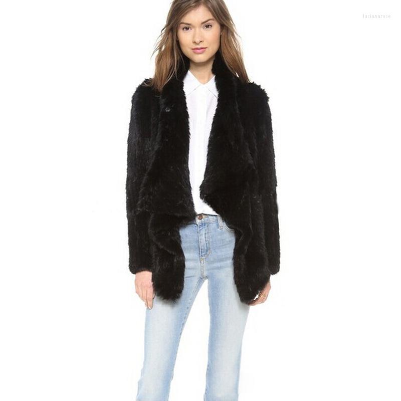 

Women' Vests Foreign Young Real Fur Woven Winter Clothes Long Sleeve Diagonal Collar High Quality Leisure Coats Cazadora Cuero Mujer Luci22, Black