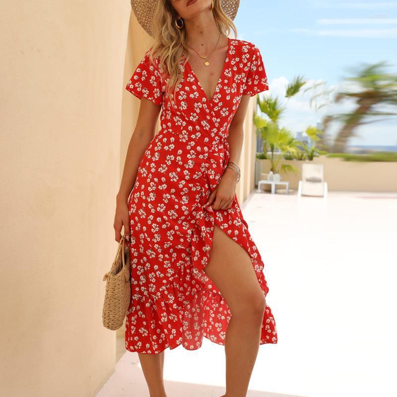 

Casual Dresses Vintage Floral Print Chiffon Dress Women 2022 Summer Beach Midi Ruffles Lace Up Sexy V Neck Split Wrap Vestidos, Black