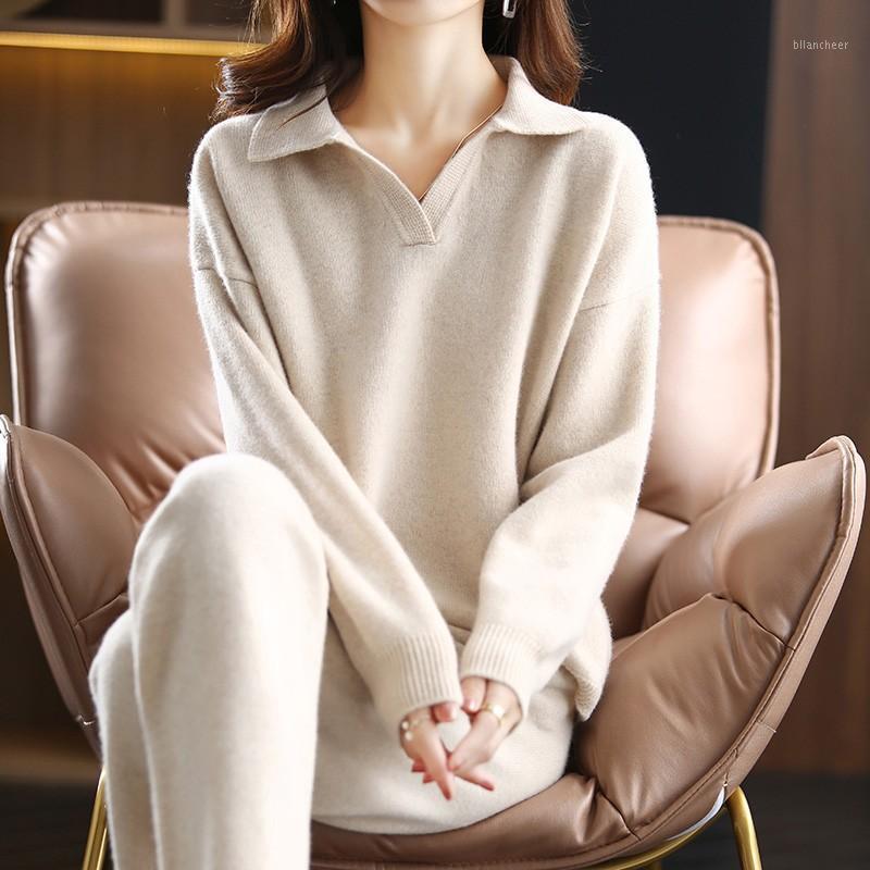 

Women's Two Piece Pants Women Elegant Solid Color Turtleneck Sweater Sexy V-neck 2022 Set CHIC Knitted Outwear1525, Creamy-white