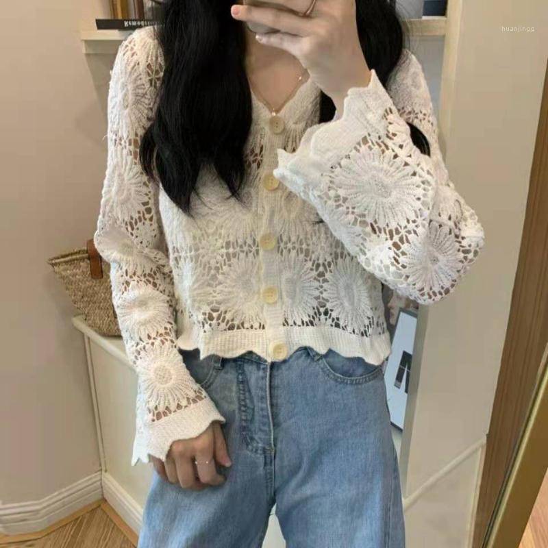 

Women's Blouses & Shirts Spring 2022 Fashion White Embroidery Lace Hollow Long-sleeved Cardigan Jacket Western Style Short Tops, White blouse