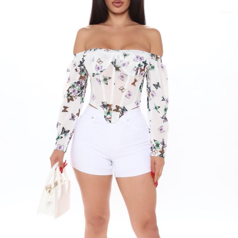 

BLOUSES SEXY OFF SHOULDER BONING CORSET SUMMER WHITE PRINT STREETWEAR ROMANTIC SUN CLOTHS TOP Women' & Shirts, Beige